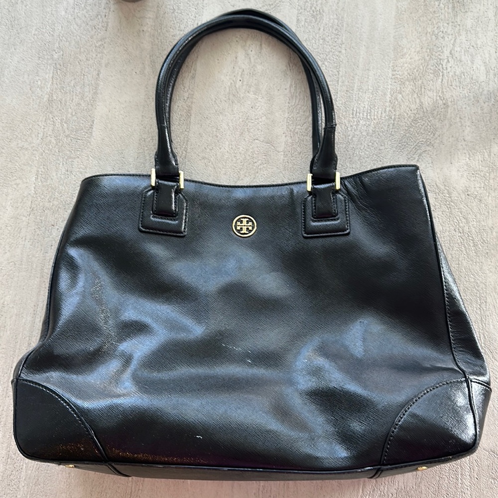 Good used condition TB black leather tote